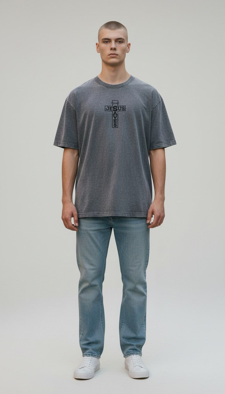 Jesus Saves Oversized Acid Wash T-Shirt – Vintage Christian Streetwear